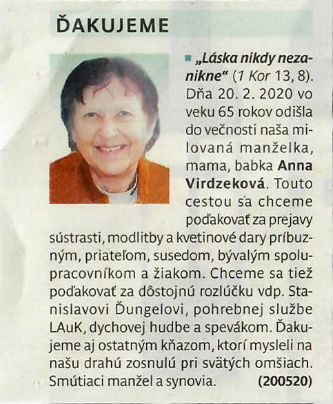 Poďakovanie 187 - pohrebné služby LAuK