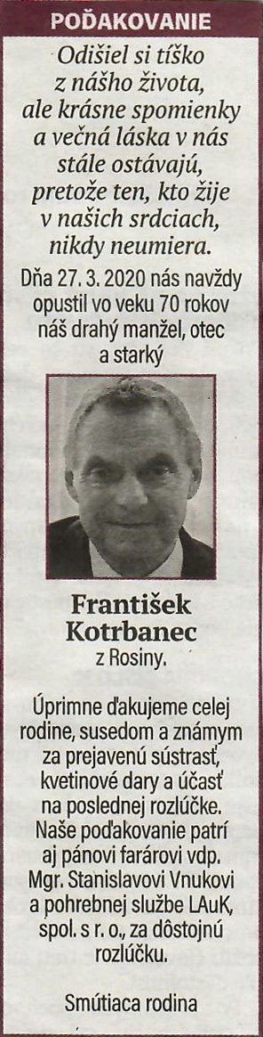 Poďakovanie 186 - pohrebné služby LAuK