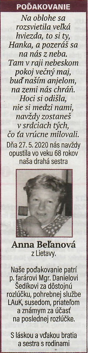 Poďakovanie 180 - pohrebné služby LAuK
