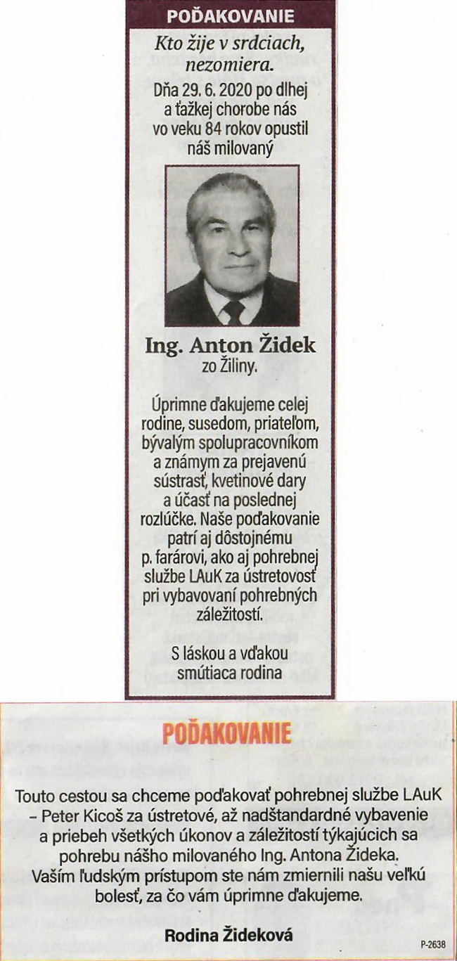 Poďakovanie 178 - pohrebné služby LAuK