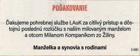 Poďakovanie 158 - pohrebné služby LAuK
