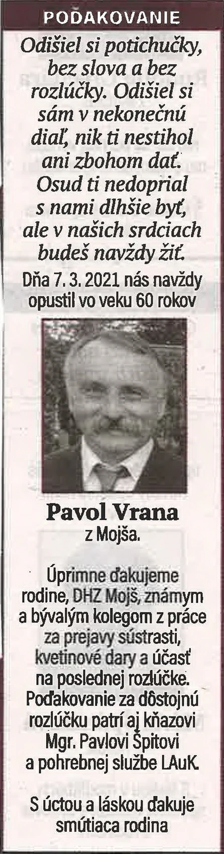 Poďakovanie 155 - pohrebné služby LAuK