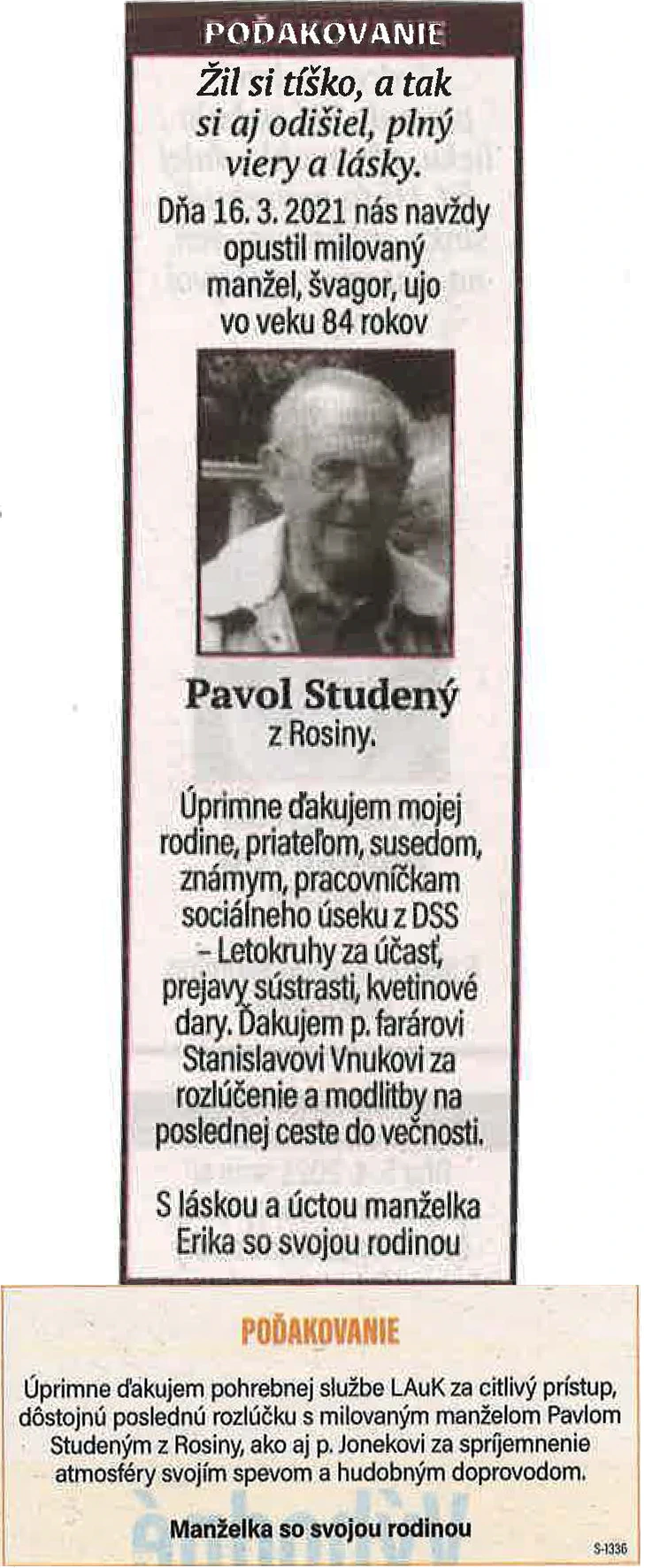 Poďakovanie 154 - pohrebné služby LAuK