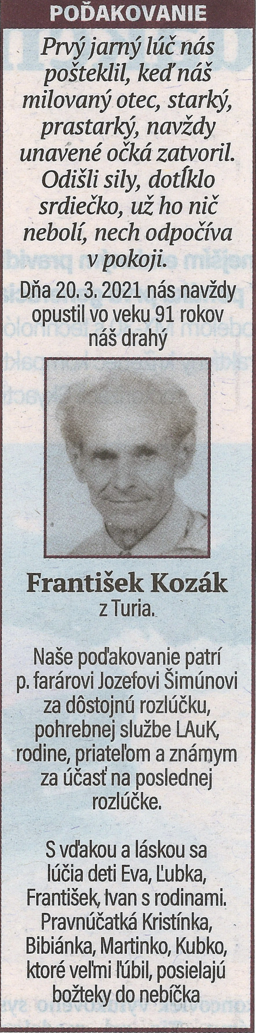 Poďakovanie 153 - pohrebné služby LAuK