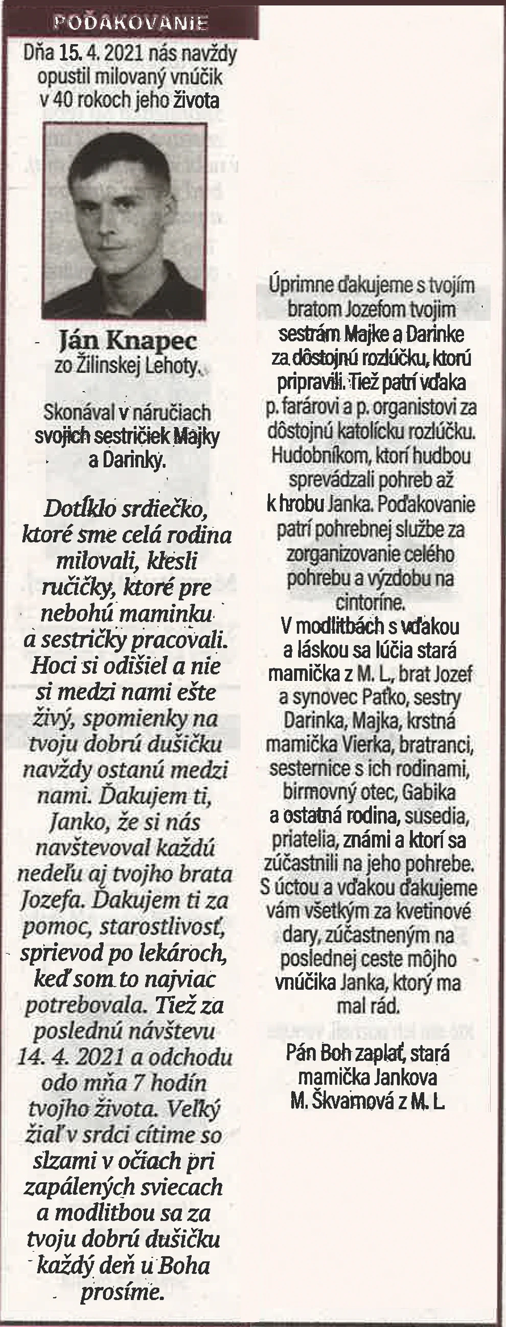 Poďakovanie 147 - pohrebné služby LAuK