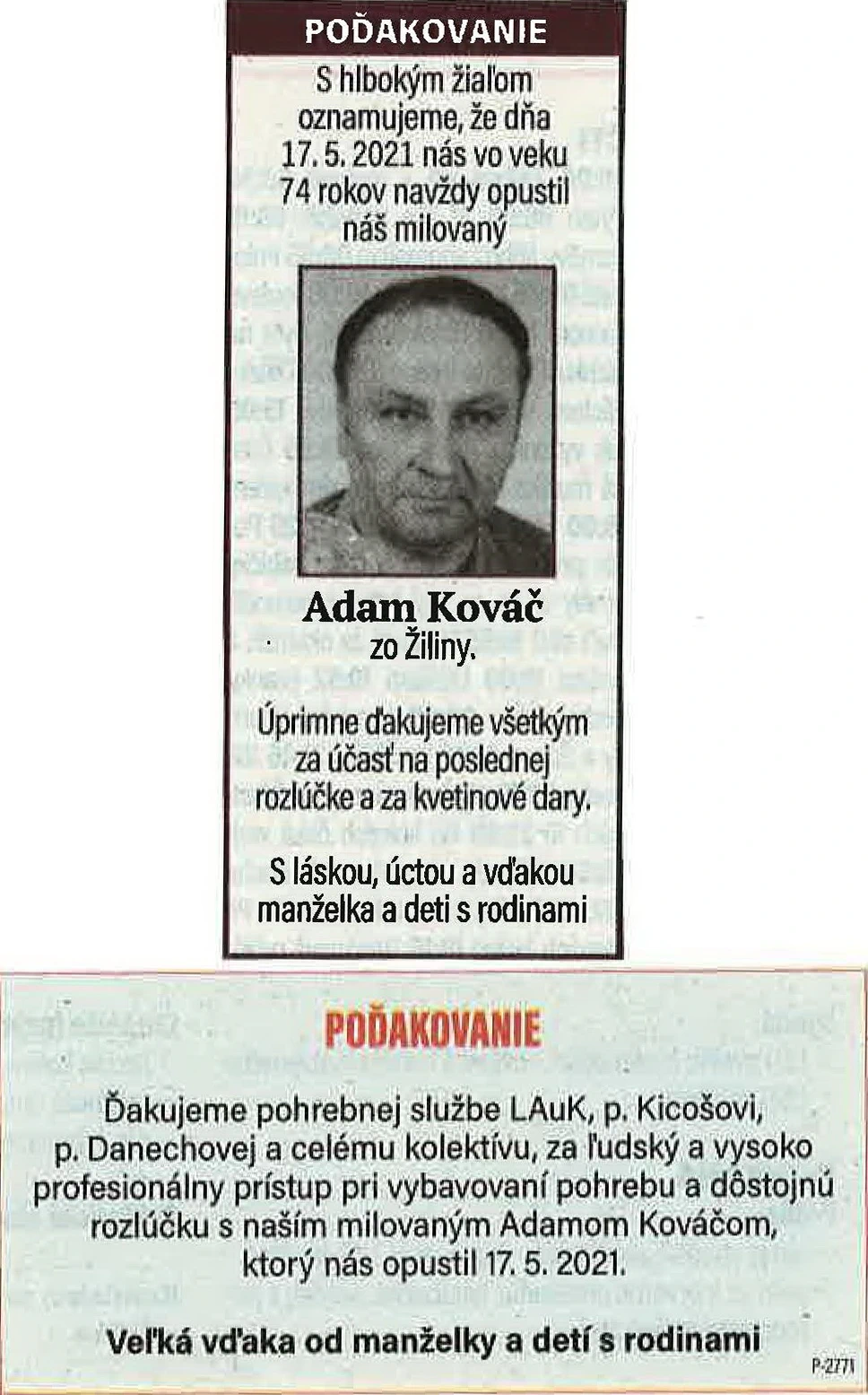 Poďakovanie 144 - pohrebné služby LAuK