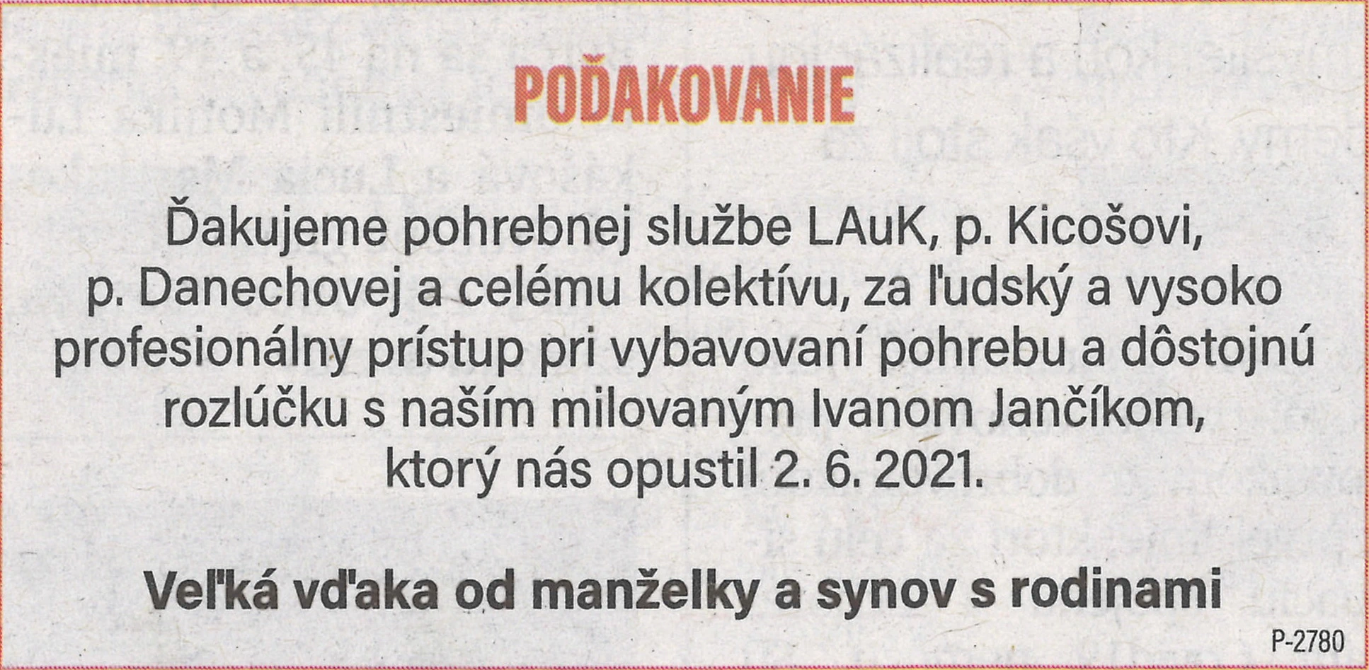 Poďakovanie 140 - pohrebné služby LAuK