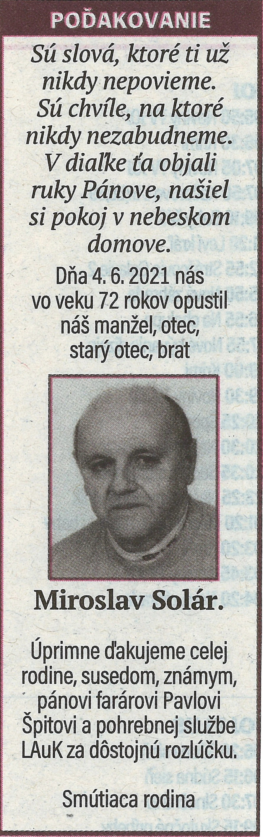 Poďakovanie 139 - pohrebné služby LAuK