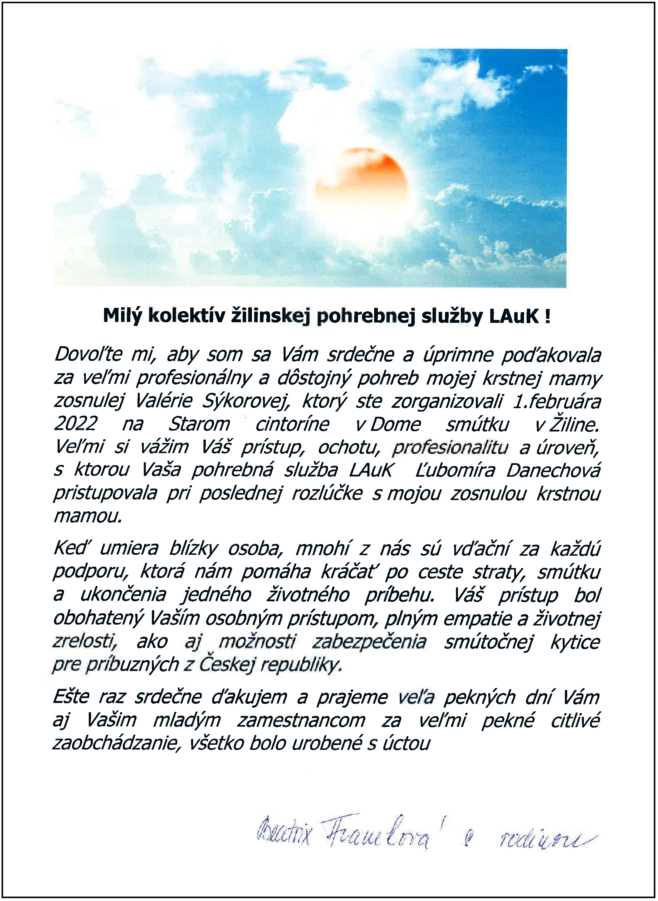 Poďakovanie 124 - pohrebné služby LAuK