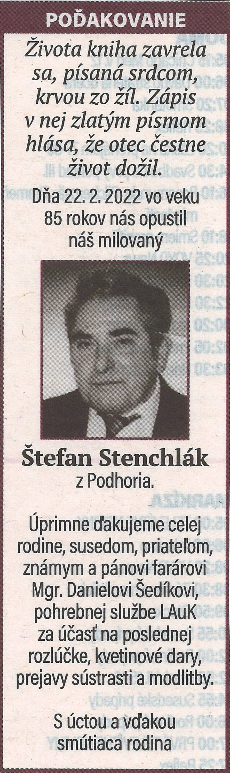 Poďakovanie 118 - pohrebné služby LAuK