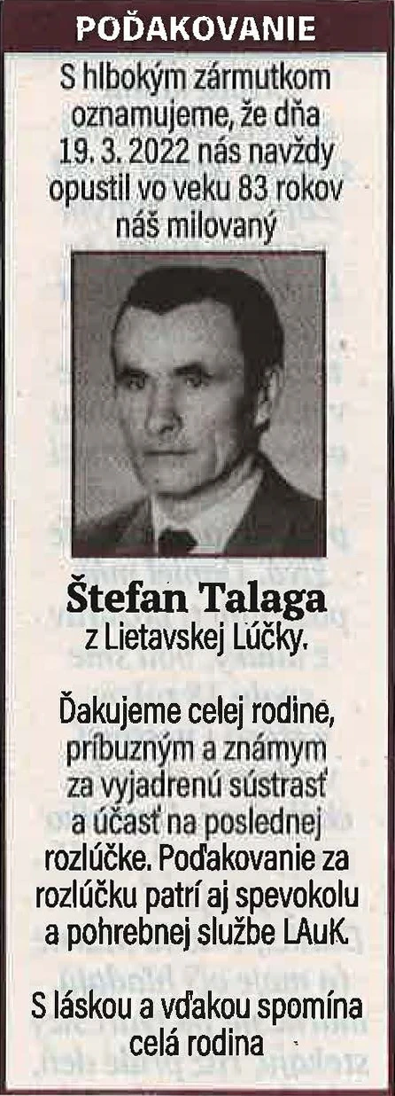 Poďakovanie 114 - pohrebné služby LAuK