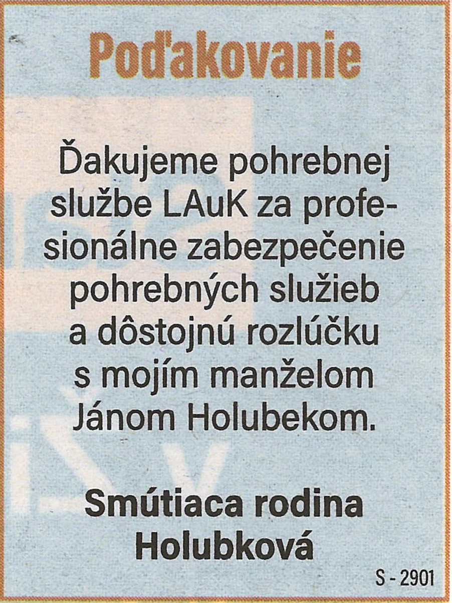 Poďakovanie 107 - pohrebné služby LAuK