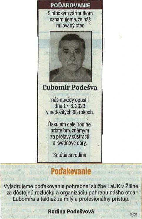 Poďakovanie 91 - pohrebné služby LAuK