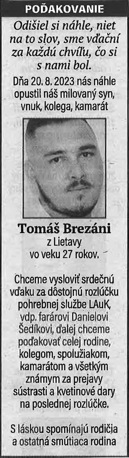 Poďakovanie 87 - pohrebné služby LAuK