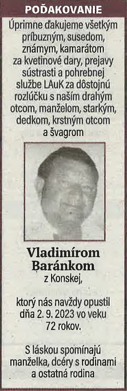 Poďakovanie 85 - pohrebné služby LAuK