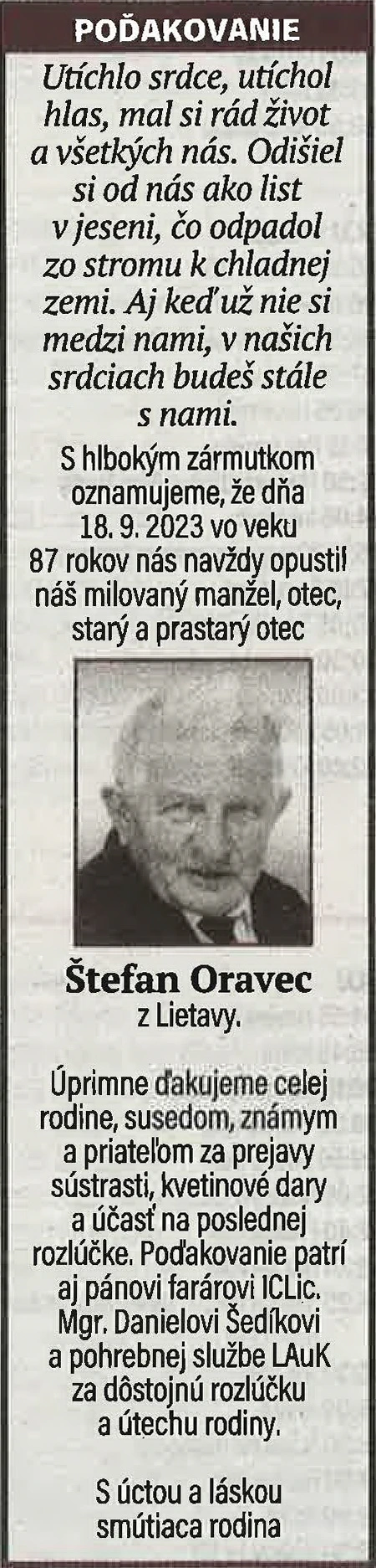 Poďakovanie 83 - pohrebné služby LAuK
