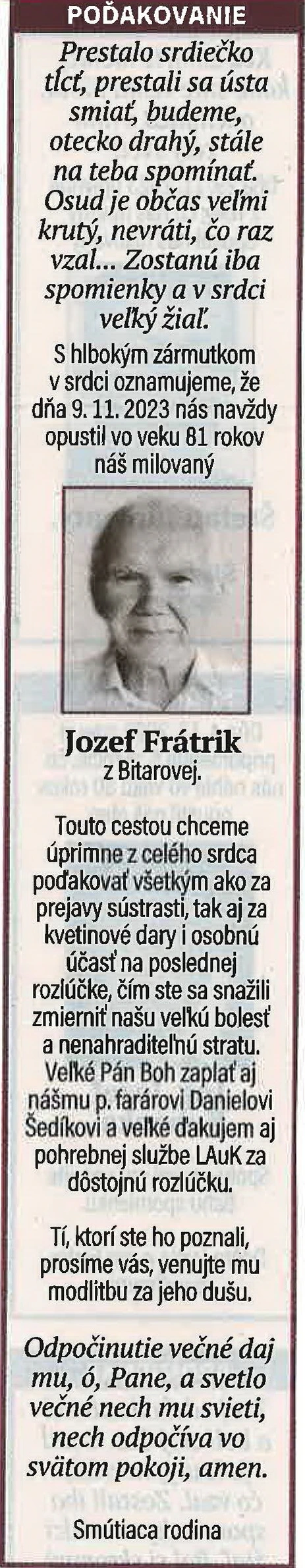Poďakovanie 80 - pohrebné služby LAuK