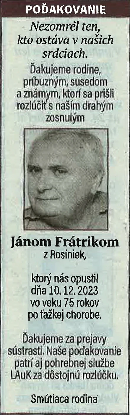 Poďakovanie 75 - pohrebné služby LAuK