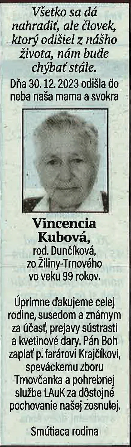Poďakovanie 72 - pohrebné služby LAuK