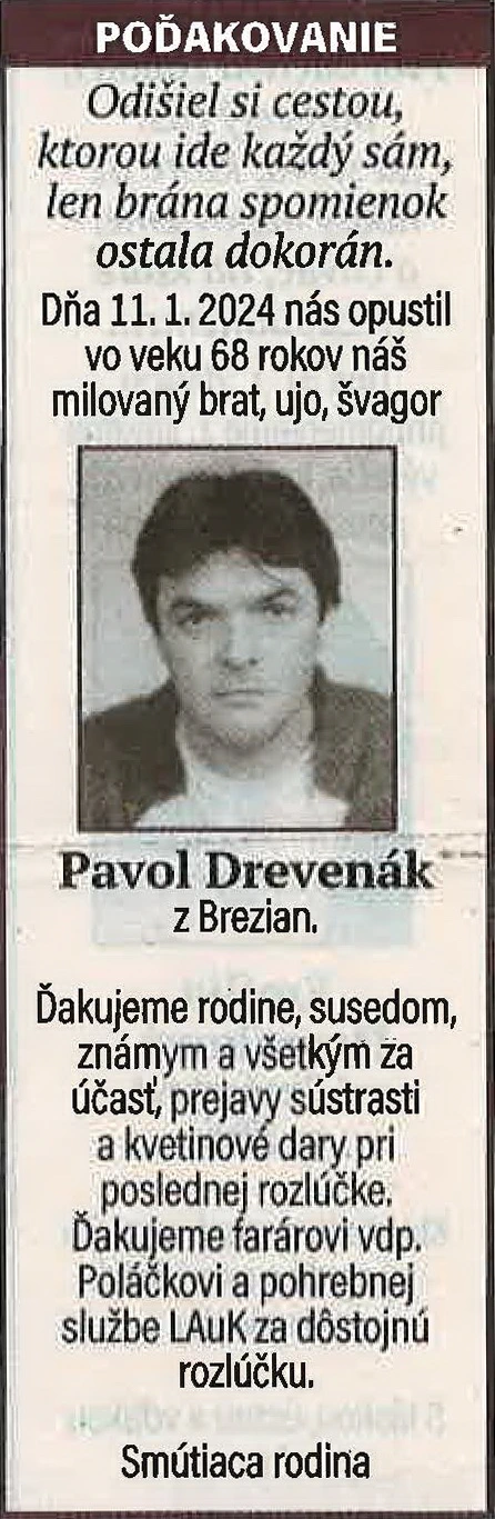 Poďakovanie 71 - pohrebné služby LAuK