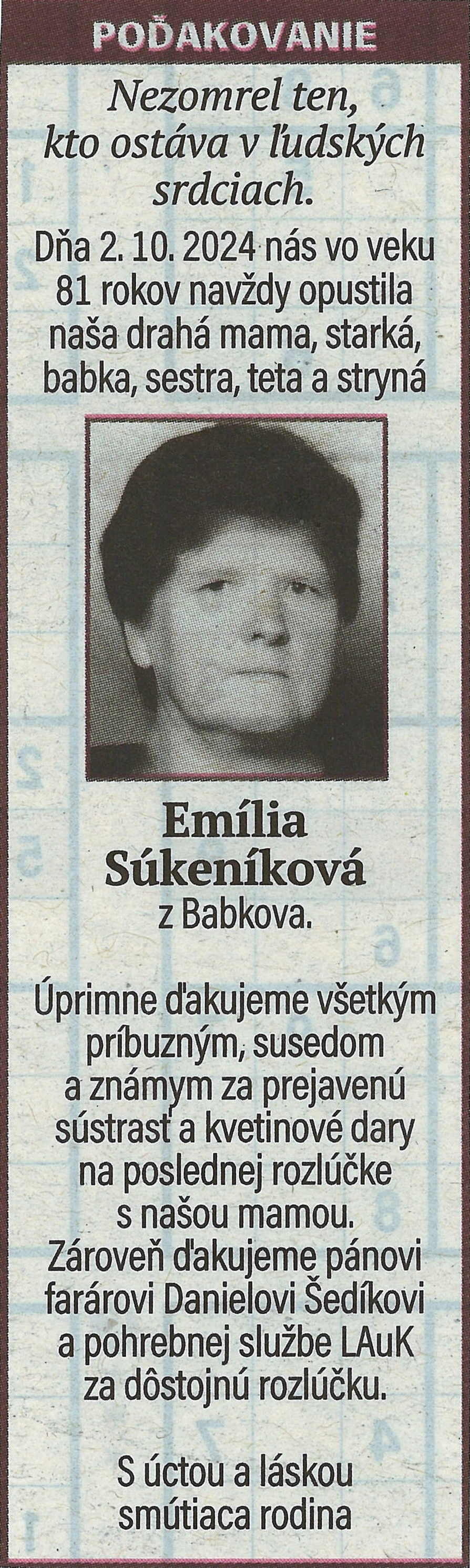 Poďakovanie 61 - pohrebné služby LAuK