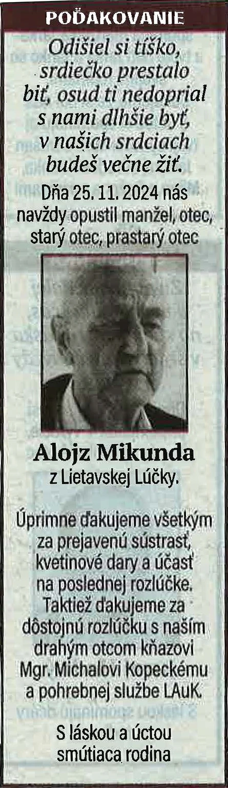 Poďakovanie 55 - pohrebné služby LAuK