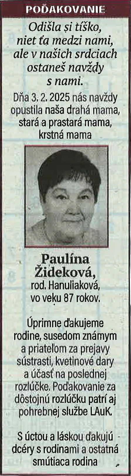 Poďakovanie 45 - pohrebné služby LAuK