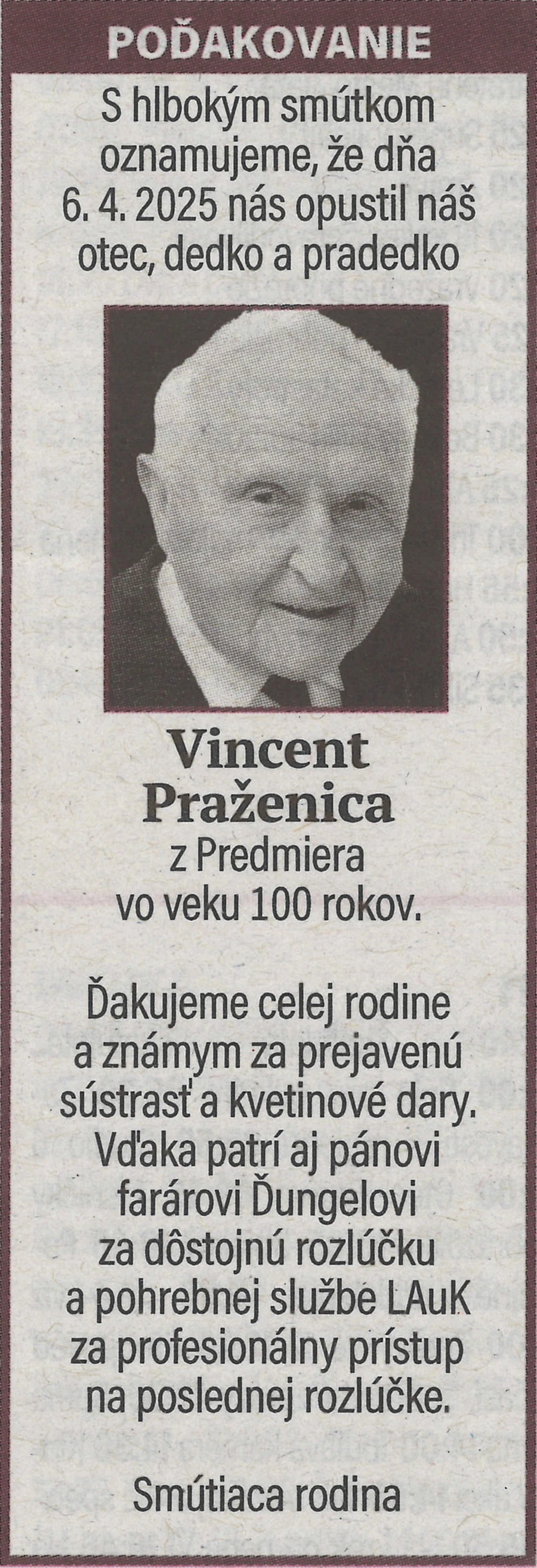 Poďakovanie 38 - pohrebné služby LAuK