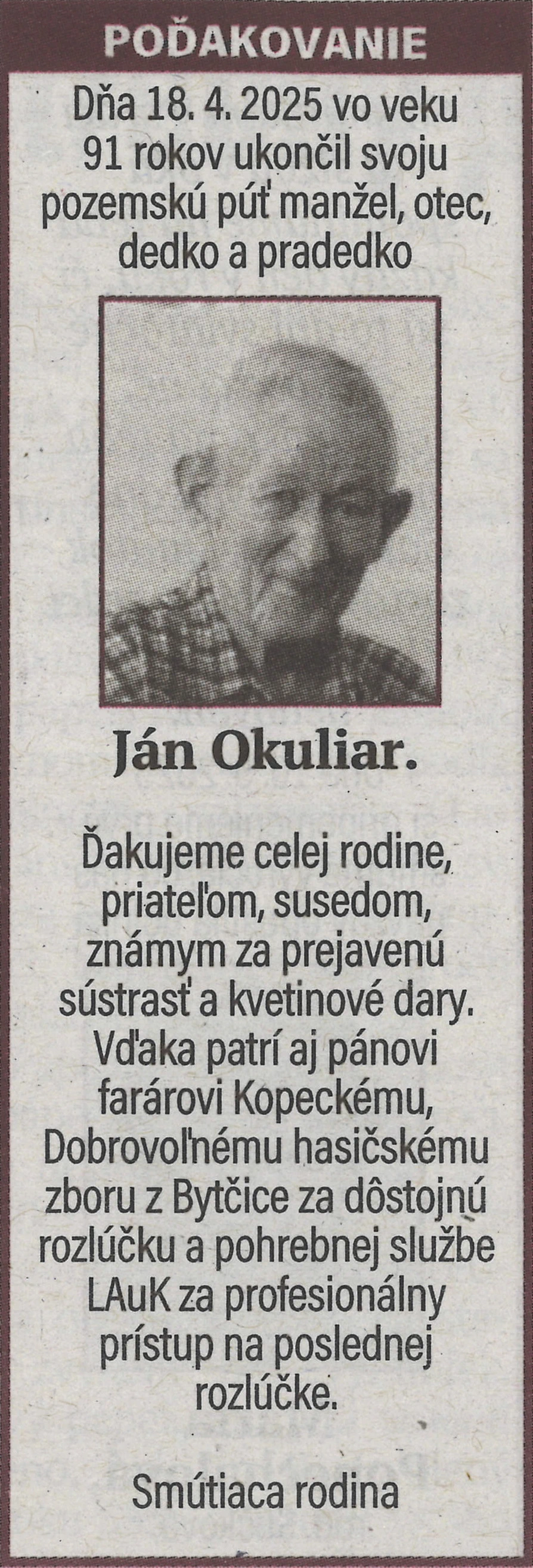 Poďakovanie 37 - pohrebné služby LAuK