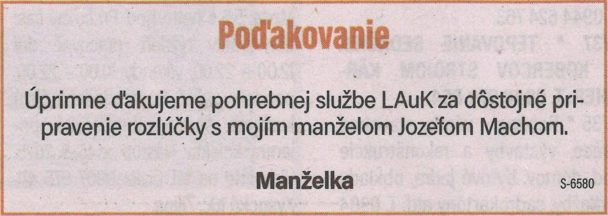Poďakovanie 35 - pohrebné služby LAuK