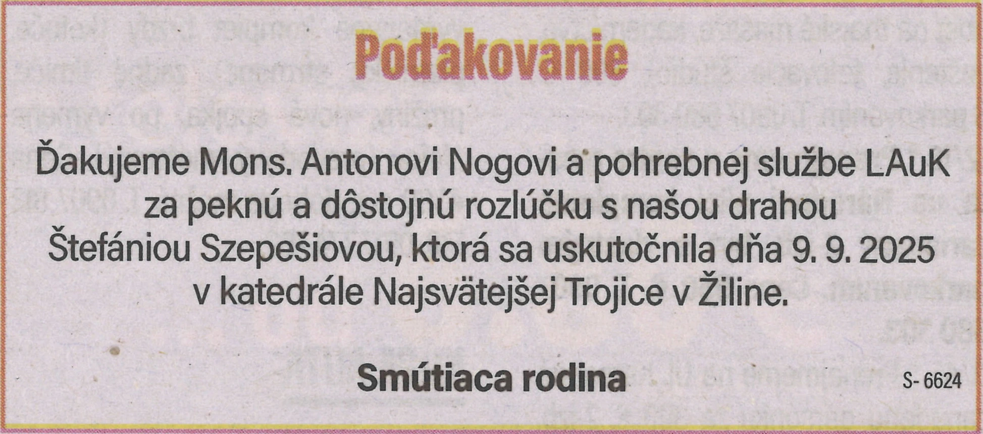 Poďakovanie 34 - pohrebné služby LAuK
