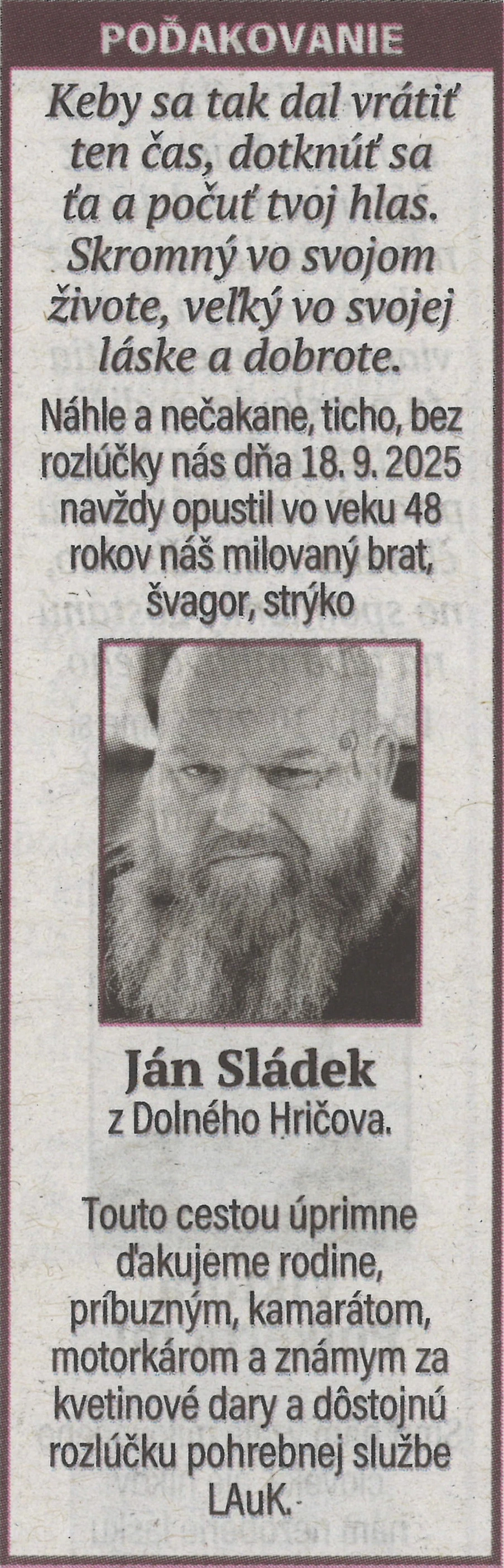 Poďakovanie 31 - pohrebné služby LAuK