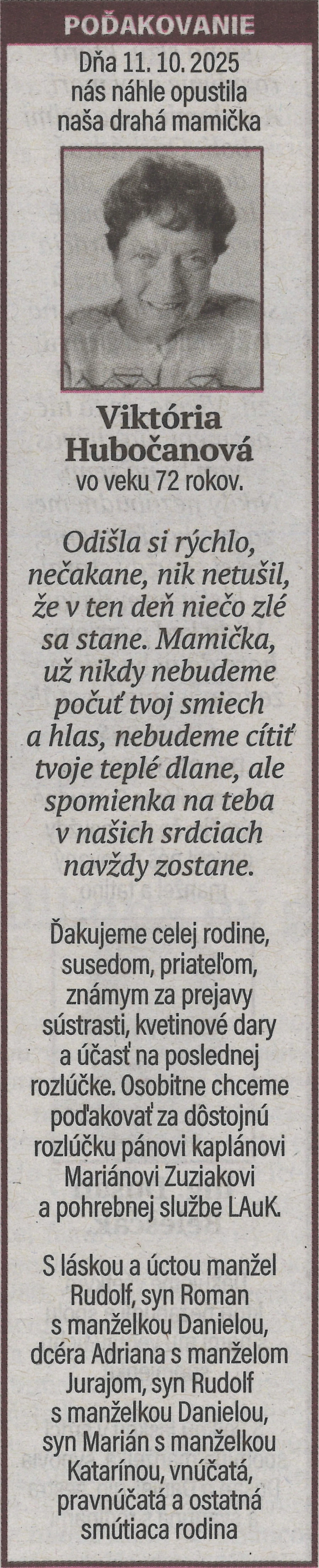 Poďakovanie 29 - pohrebné služby LAuK
