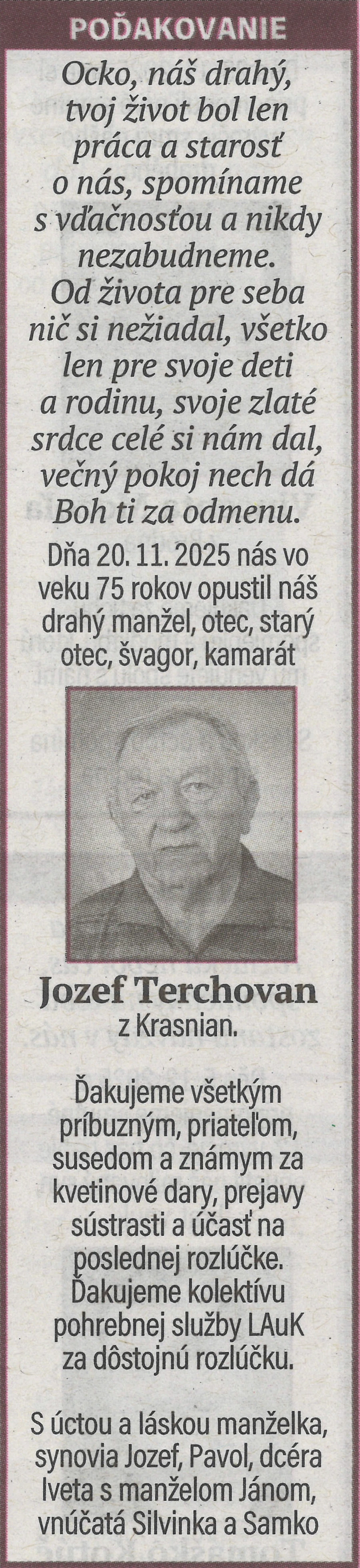 Poďakovanie 24 - pohrebné služby LAuK
