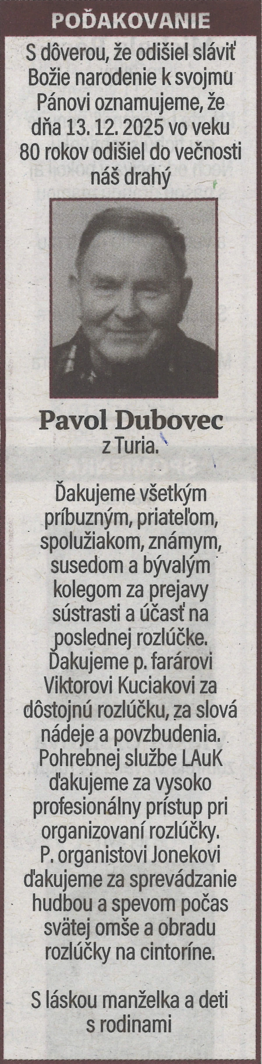 Poďakovanie 22 - pohrebné služby LAuK
