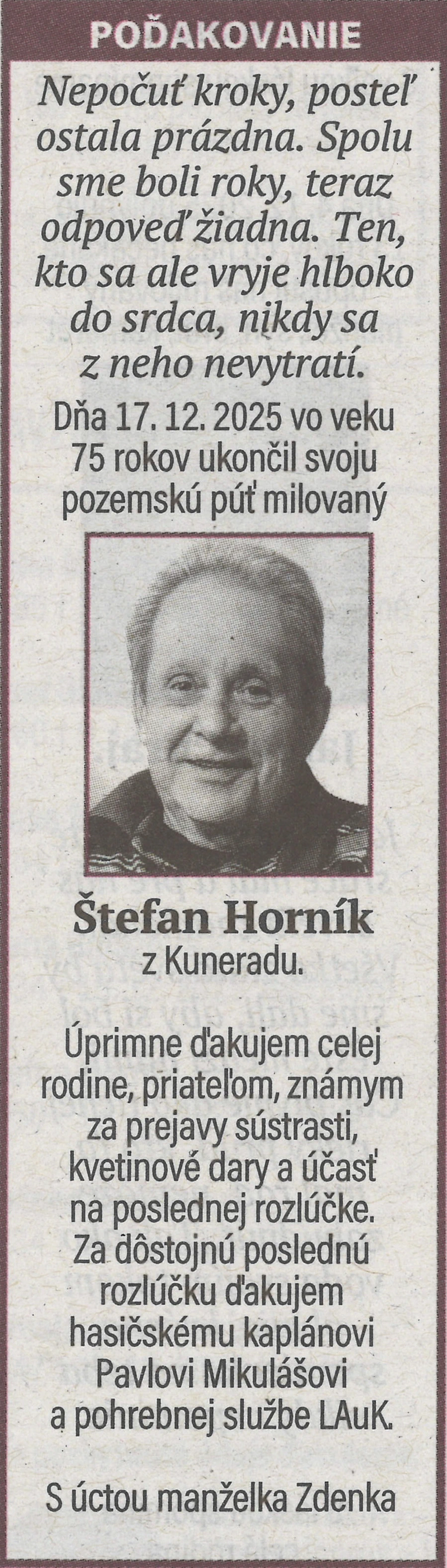 Poďakovanie 21 - pohrebné služby LAuK