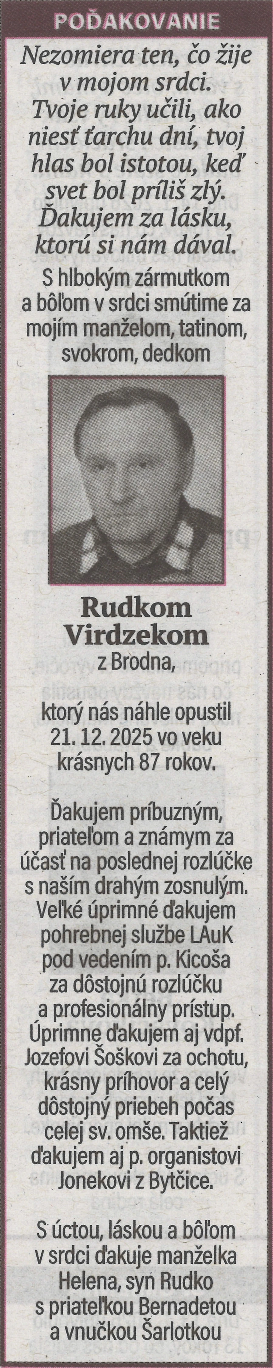 Poďakovanie 20 - pohrebné služby LAuK