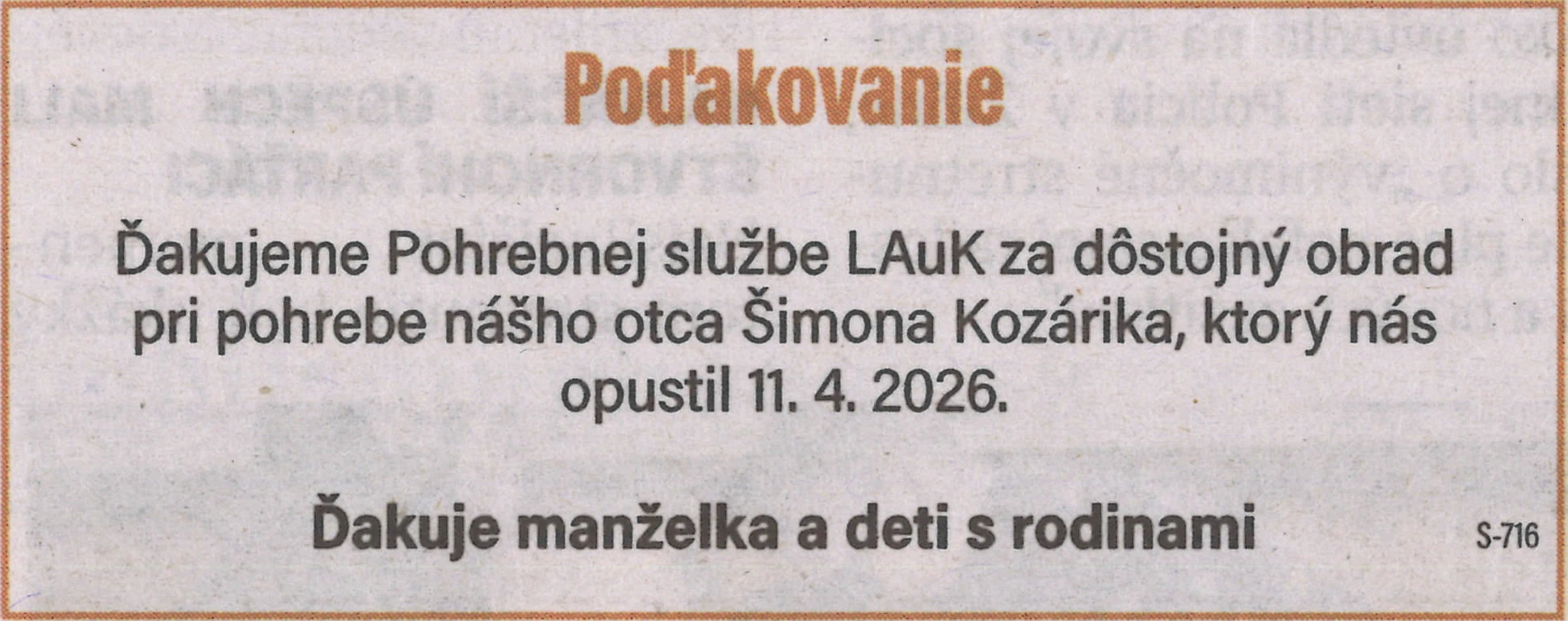 Poďakovanie 13 - pohrebné služby LAuK