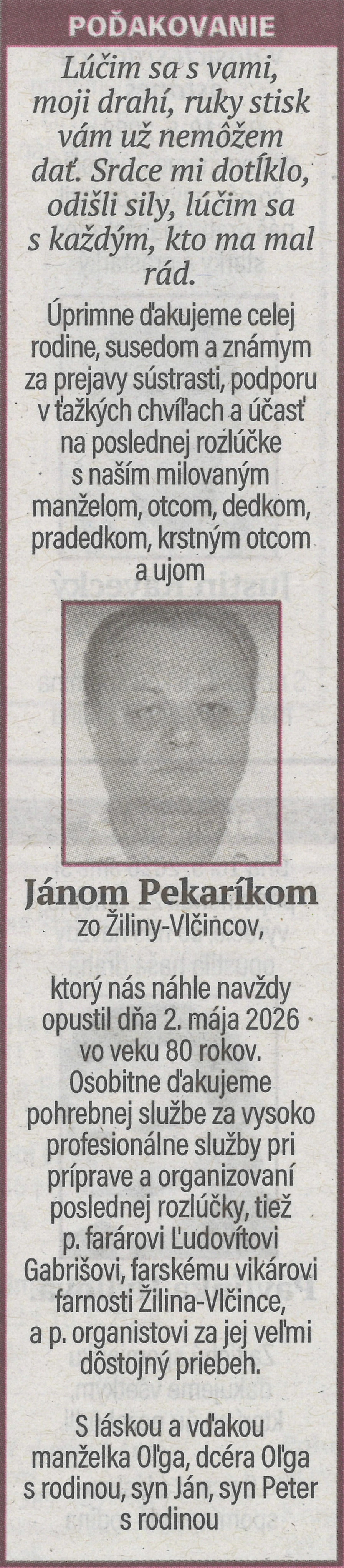 Poďakovanie 12 - pohrebné služby LAuK