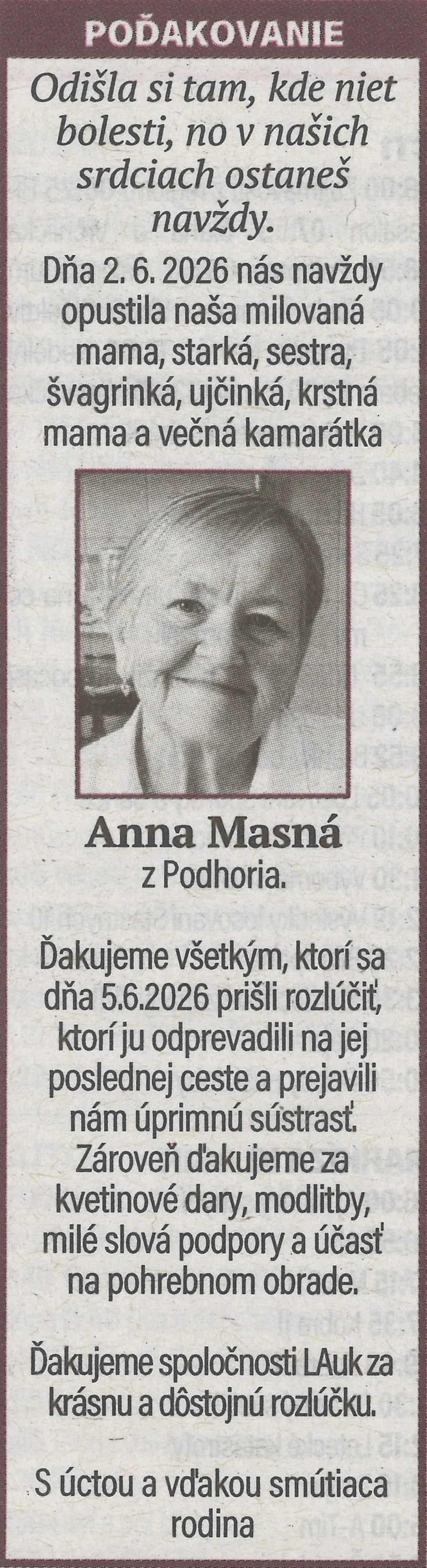 Poďakovanie 10 - pohrebné služby LAuK