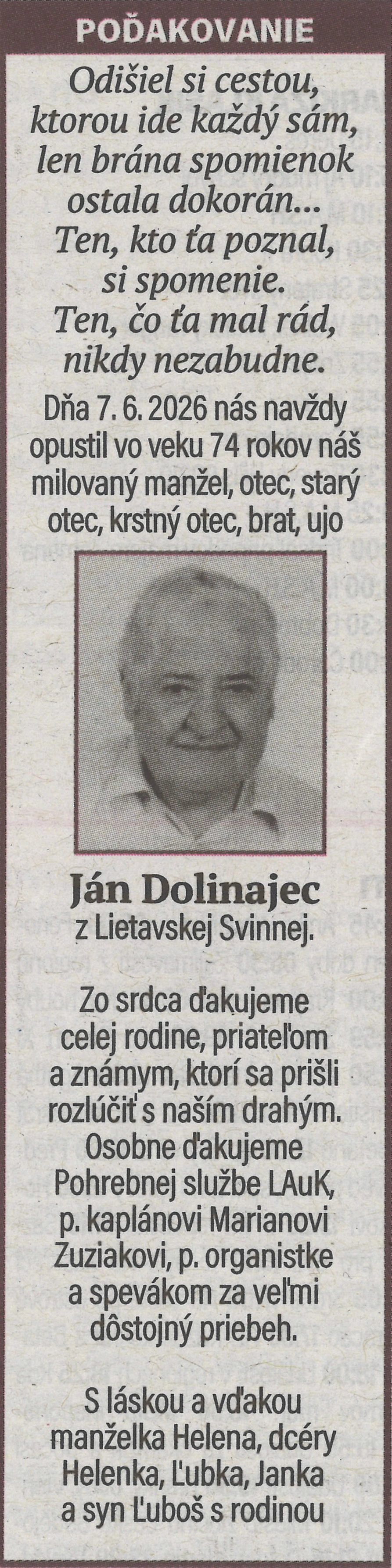 Poďakovanie 9 - pohrebné služby LAuK
