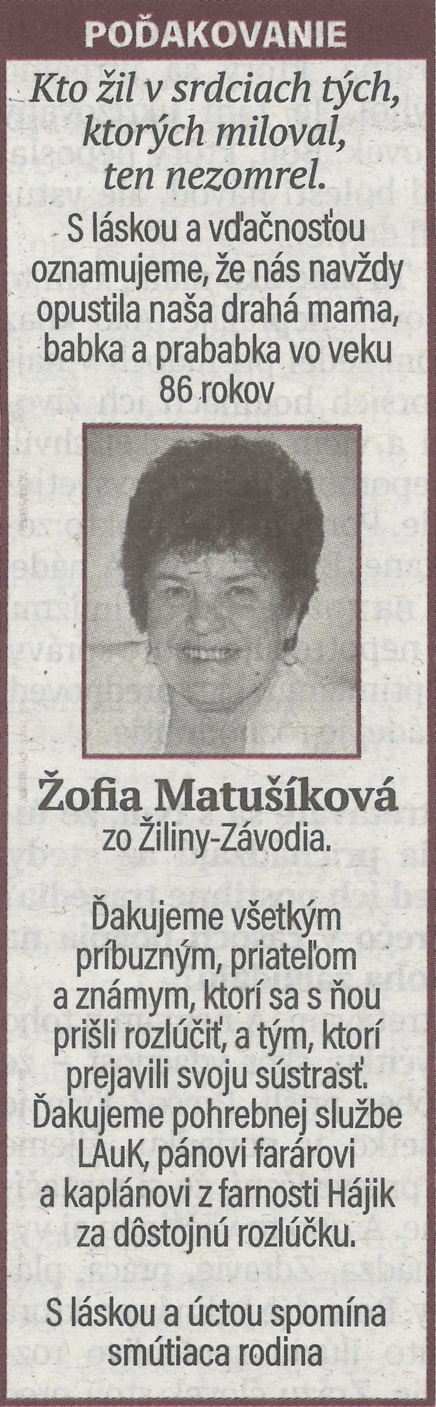 Poďakovanie 4 - pohrebné služby LAuK