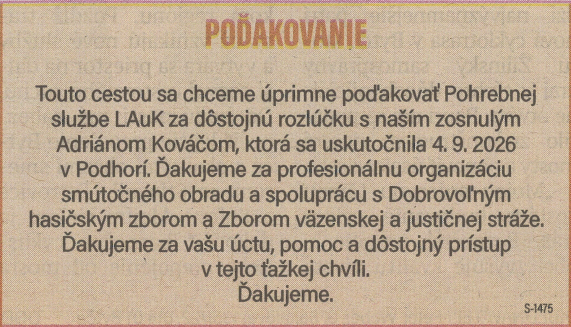 Poďakovanie 3 - pohrebné služby LAuK
